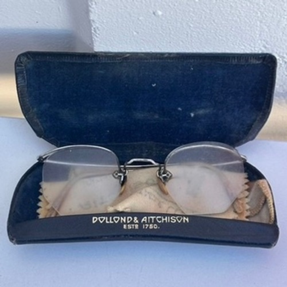 Antique Dollond & Aitchison Half Frame Rimless Eyeglasses Silver Engraved Case